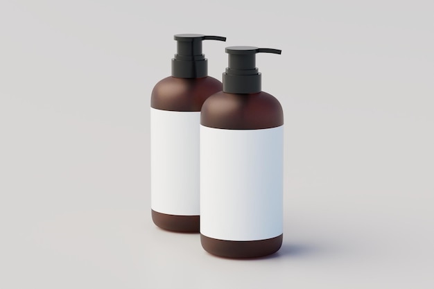 Foto braunglaspumpe mehrere flaschen mockup flüssigseife shampoospender 3d-illustration