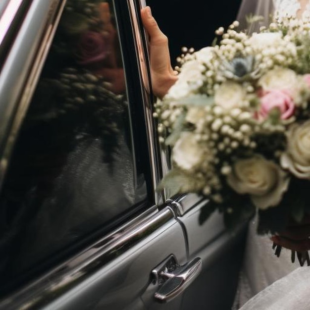 Braut hält einen Blumenstrauß und wartet, bis sie aus dem Auto für die Zeremonie steigt