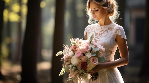 Braut in einem Spitzenbrautkleid hält einen Blumenstrauß