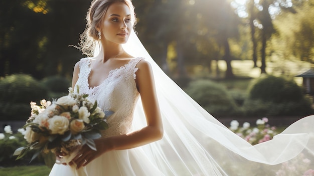 Braut in einem weißen Kleid mit Blumen in ihren Händen