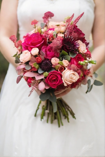 Braut mit einem atemberaubenden, lebendigen Hochzeitsblumenstrauß