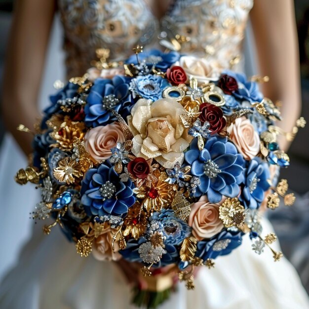 Braut mit einem Blumenstrauß mit blauen und goldenen Akzenten generativ ai