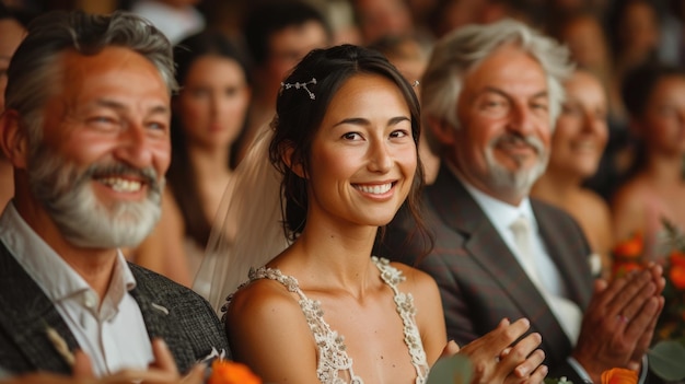 Braut mit einem zarten Kopfstück lächelt bei einer Hochzeitszeremonie