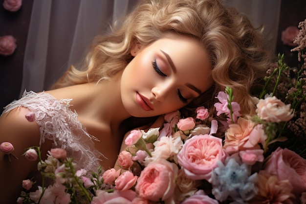 Braut riecht mit geschlossenen Augen den Duft ihres Bouquets
