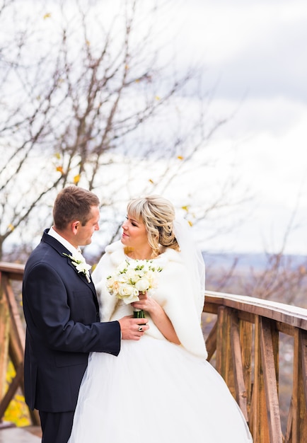 Braut und Bräutigam auf ihrer Winterhochzeit