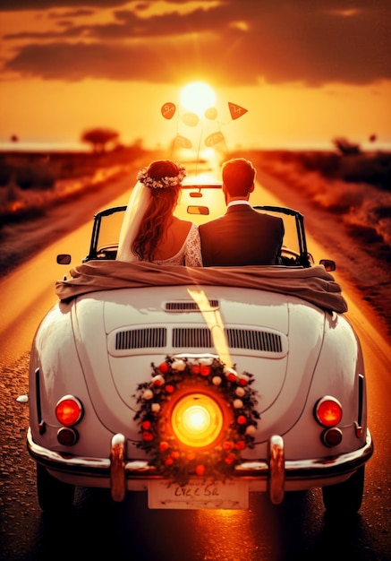 Braut und Bräutigam fahren in einem Oldtimer-VW-Käfer bei Sonnenuntergang. Generative KI