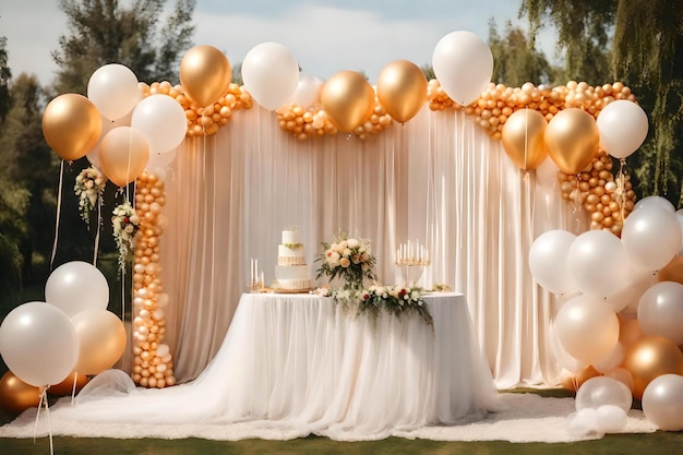 Foto braut und bräutigam feiern eine hochzeitszeremonie mit luftballons und einem tisch mit einer torte und einem strauß orangefarbener luftballons.