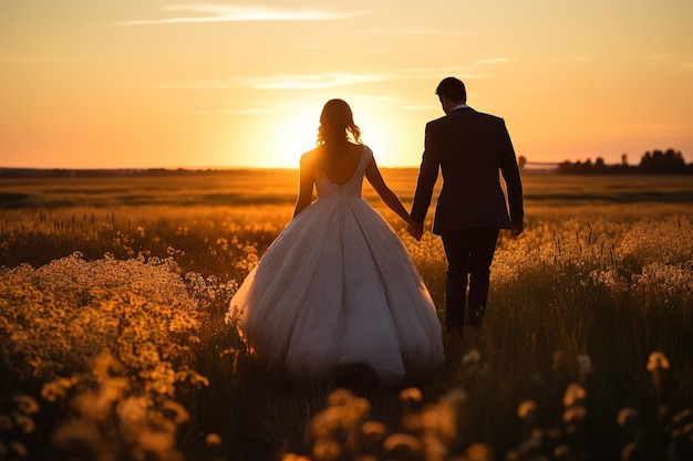 Braut und Bräutigam gehen bei Sonnenuntergang spazieren