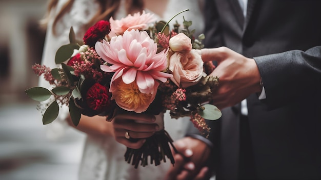 Braut und Bräutigam halten Boutique mit gemischten Blumen