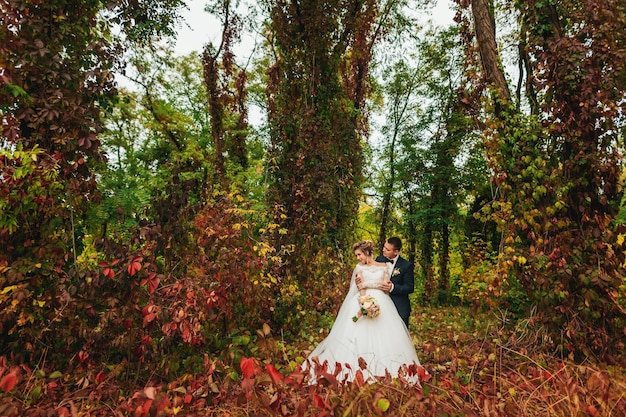 Braut und Bräutigam im bunten Herbstwald