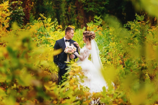 Braut und Bräutigam in einem Park im Herbst Brautpaar Braut und Bräutigam bei einer Hochzeit im gelben Wald