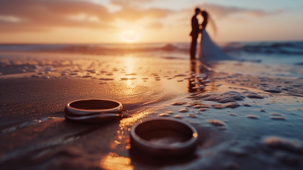 Braut und Bräutigam in einem weißen Anzug am Sonnenuntergang am Strand