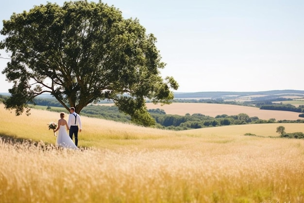 Foto braut und bräutigam in einem weizenfeld