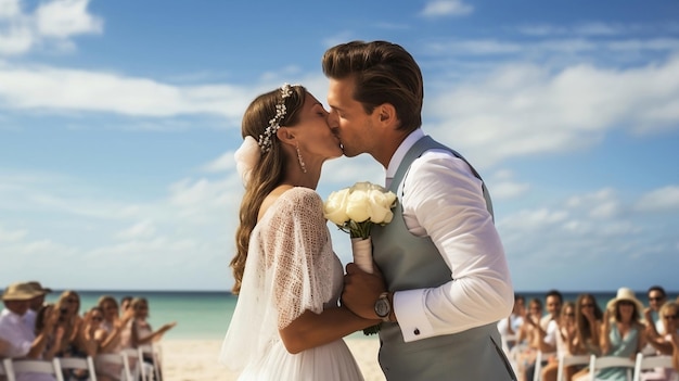 Braut und Bräutigam küssen sich am Sandstrand bei der Hochzeit. Blick auf ein junges Paar mit Menschen im Hintergrund