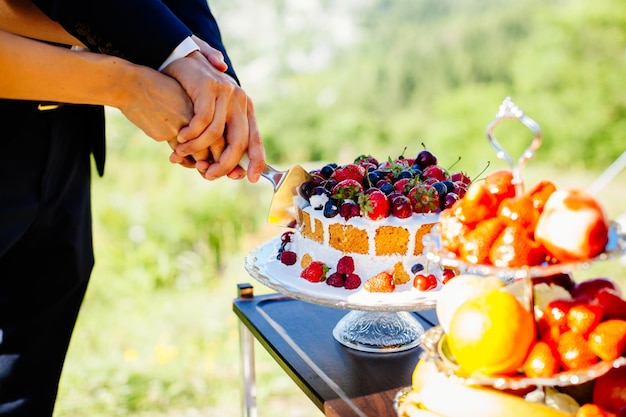 Braut und Bräutigam schneiden Hochzeitstorte Nahaufnahme Kunsthochzeitsstil