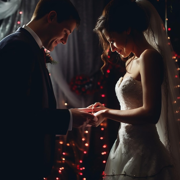 Braut und Bräutigam stehen vor einer Weihnachtsbeleuchtung