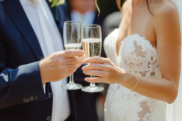 Braut und Bräutigam trinken mit wasserdichten Champagnergläsern