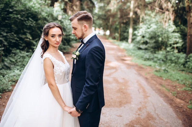 Braut und Bräutigam umarmen sich, küssen sich draußen an einem Hochzeitstag, junges Paar, Valentinstag