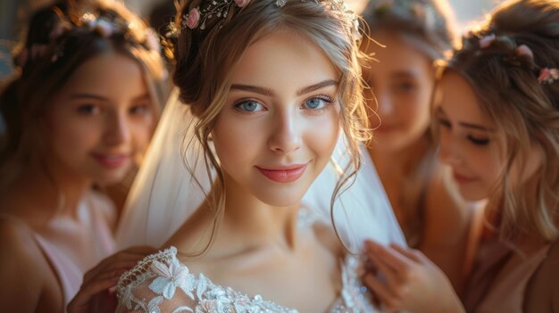 Brautvorbereitung mit glücklicher Braut und Brautjungfern in eleganten Kleidern