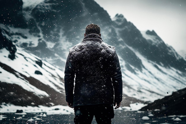 Brave Geschäftsmann ein epischer Evernal Mountain Schneeregen Tunders widriges Wetter