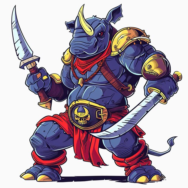 Brave Rhinoceros Guerrero que sostiene la espada Fuerte personaje de dibujos animados de caballero rinoceronte