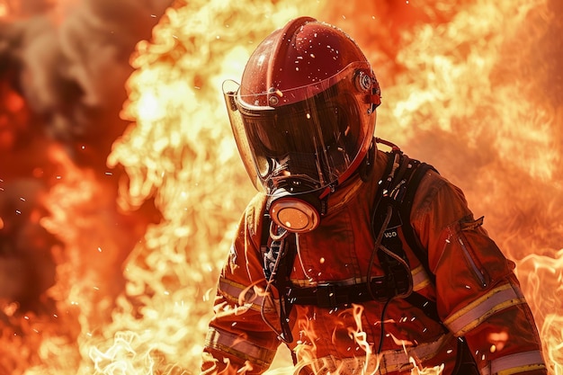 Bravos bombeiros em equipamento de proteção combatendo chamas furiosas durante a intensa operação de resgate de incêndio