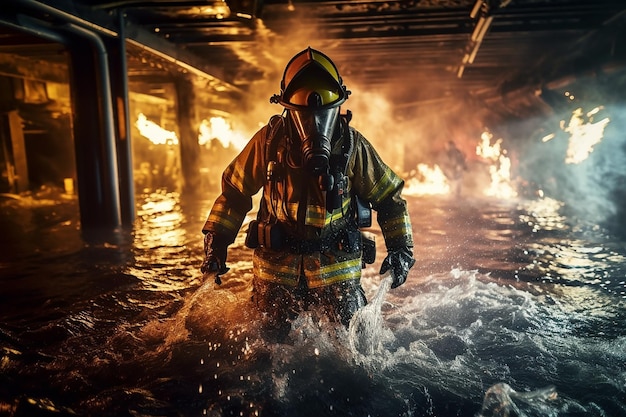 Bravos bombeiros que usam água e extintor no combate a incêndios