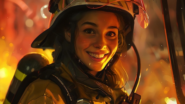 Foto bravura bombeira sorrindo em meio às chamas retrato autêntico em ação representação realista de cena de emergência foto de estoque ai