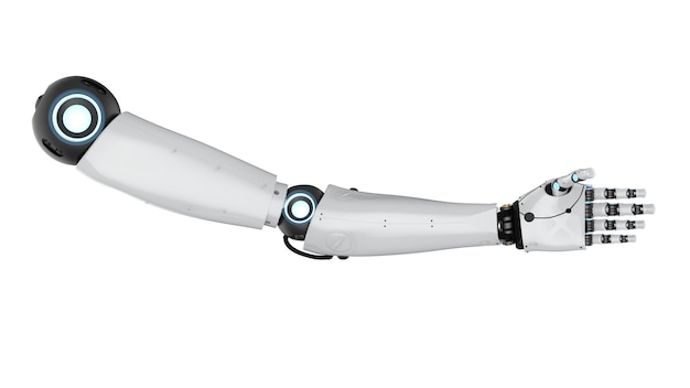 Foto brazo de cyborg de metal de representación 3d aislado en blanco
