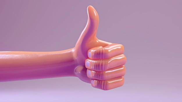 El brazo humano flexible de un personaje de dibujos animados muestra el pulgar hacia arriba El personaje de dibujo animado está de pie sobre un fondo elástico Clip art gracioso aislado sobre un fondo violeta claro