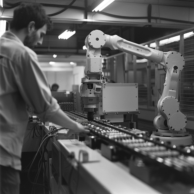 Foto el brazo de la máquina trabaja eficientemente en una línea de producción