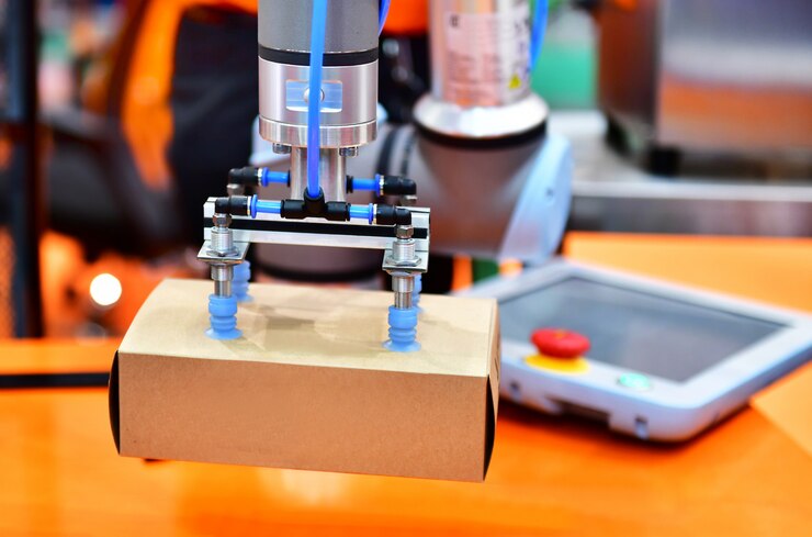 Foto brazo robot caja de producto dispuesta en equipos de maquinaria industrial automática en la línea de producción de fábrica