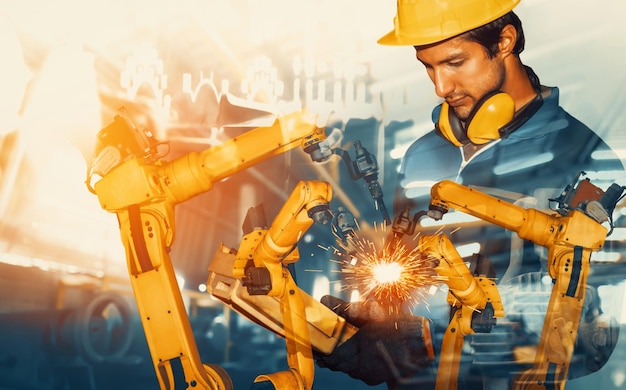 El brazo del robot de la industria mecanizada y la doble exposición del trabajador de la fábrica