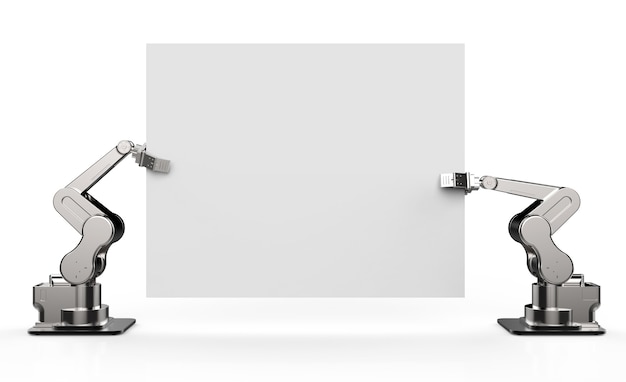 Brazo de robot de renderizado 3D sosteniendo papel en blanco blanco