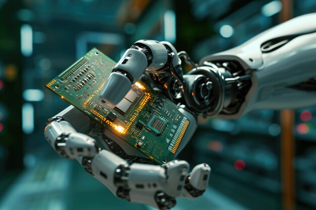 Foto el brazo robótico de alta tecnología sostiene un procesador de computadora moderno