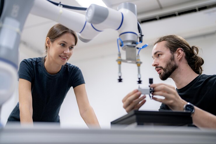 Foto brazo robótico de alta tecnología con una unidad de procesamiento de computadora de inteligencia artificial en su