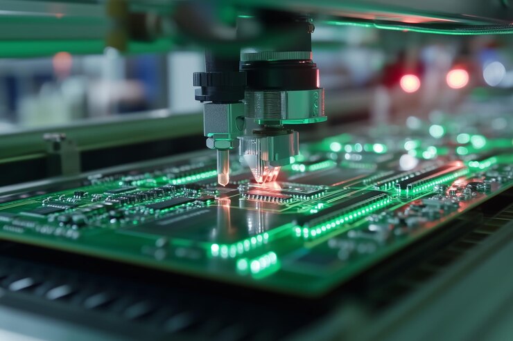 Brazo robótico automatizado que ensambla placas de circuitos electrónicos en una fábrica moderna