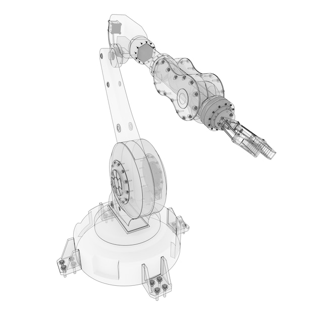 Brazo robótico para cualquier trabajo en una fábrica o producción. Equipos mecatrónicos para tareas complejas. Ilustración 3D.