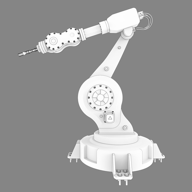 Brazo robótico para cualquier trabajo en una fábrica o producción. Equipos mecatrónicos para tareas complejas. Ilustración 3D.