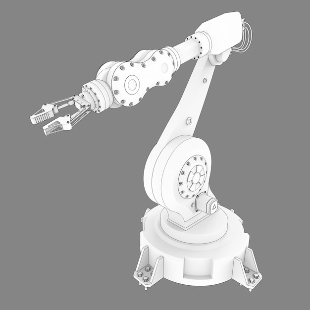 Brazo robótico para cualquier trabajo en una fábrica o producción. Equipos mecatrónicos para tareas complejas. Ilustración 3D.