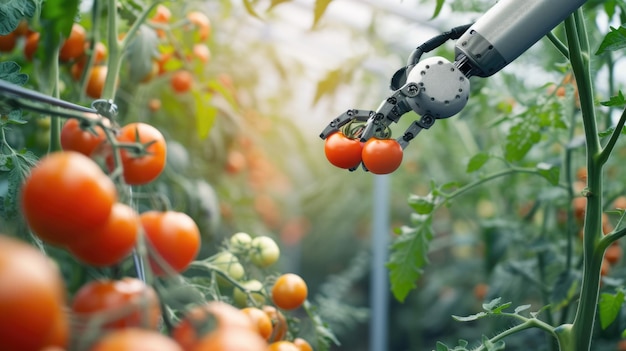 Un brazo robótico está recogiendo tomates en un invernadero AIG41
