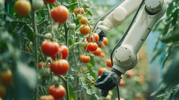 Un brazo robótico está recogiendo tomates en un invernadero