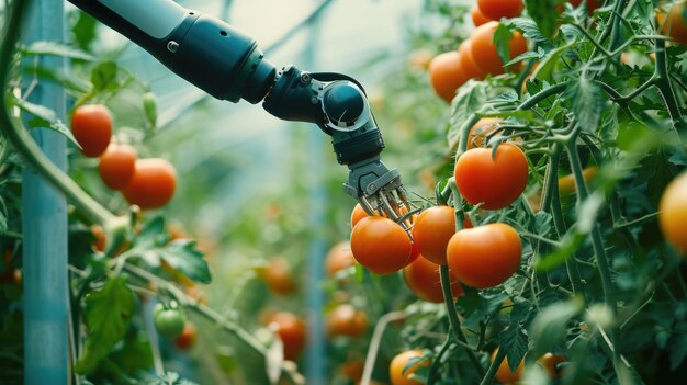 Un brazo robótico está recogiendo tomates en un invernadero