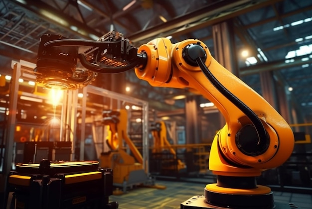Brazo robótico industrial mecánico para montaje en línea de producción en fábrica ai generativa
