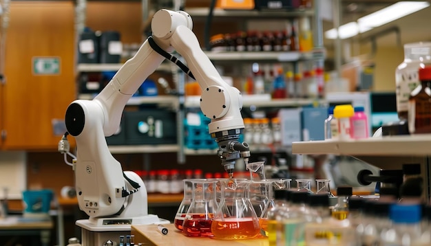 Un brazo robótico en un laboratorio de ciencias ayudando a los estudiantes con un experimento de química que muestra precisión y seguridad