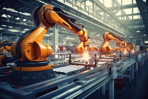 Brazo robótico para línea de ensamblaje electrónico Automatización moderna de fábricas con máquinas avanzadas