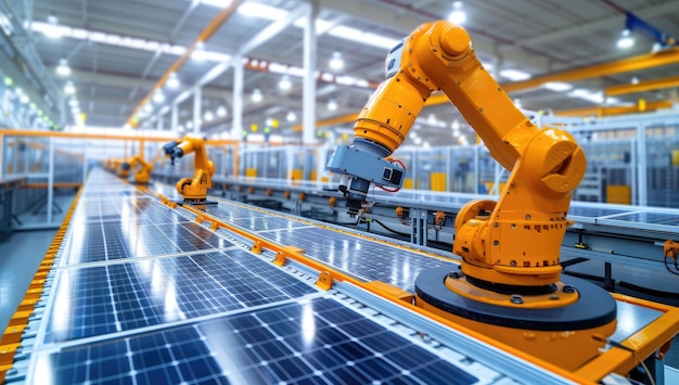 Brazo robótico montando paneles solares en una fábrica industrial
