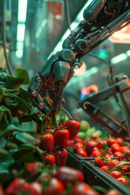 Un brazo robótico con precisión agarrando fresas de una sección de productos del supermercado