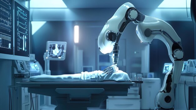 Un brazo robótico realizando una cirugía en una sala de operaciones moderna