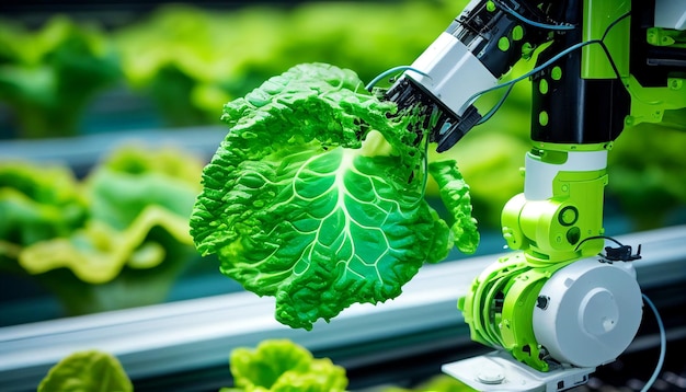 Un brazo robótico recolecta lechuga en un invernadero hidropónico utilizando la tecnología Smart Farming AI Generative